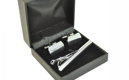 Серебряный рифленый зажим для галстука и запонки в подарочной коробке