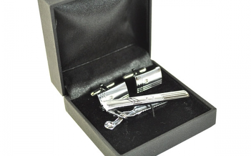 Фирменный серебряный зажим для галстука и запонки в подарочной коробке